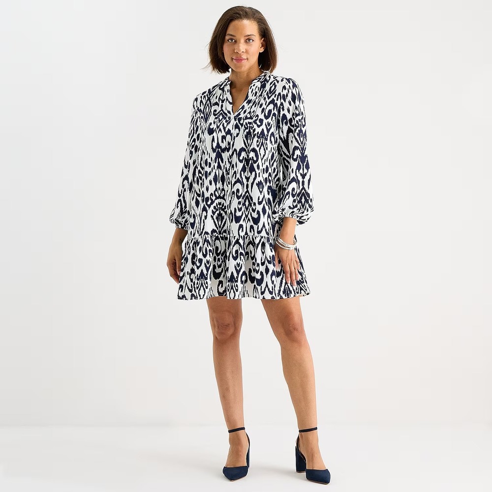 MSRP $69 Be by CHETTA B Womens XL Navy White Shift Dress V Neck Long Sleeve
